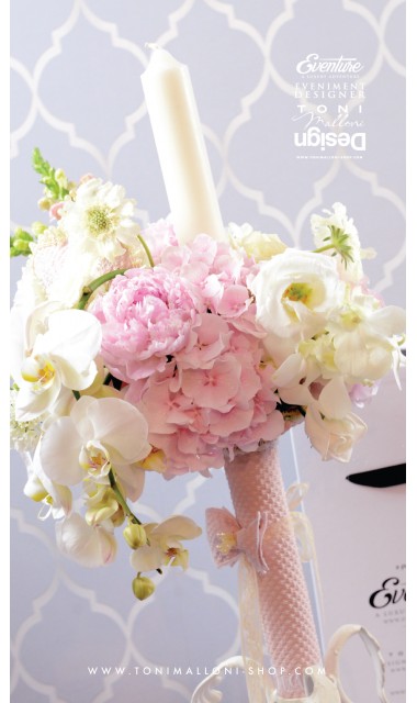 Lumanare de botez cu bujori, hortesia si orhidee, 65x4 cm, Silk Peony 2